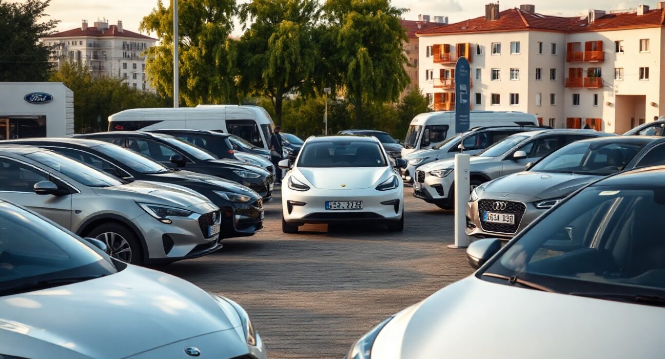 New cars on a dealership lot in a Central European city, representing CEE registration trends