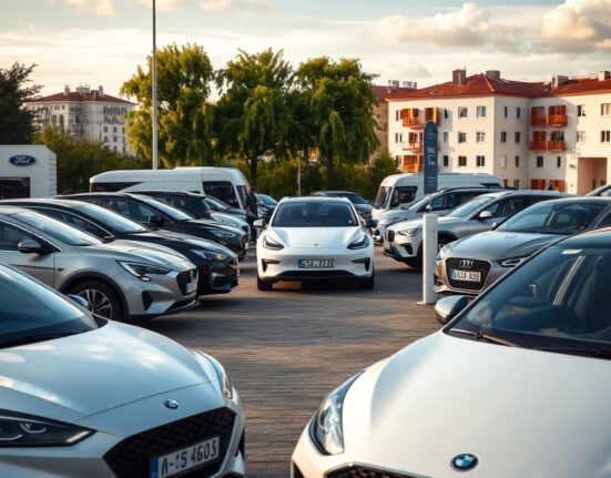 New cars on a dealership lot in a Central European city, representing CEE registration trends