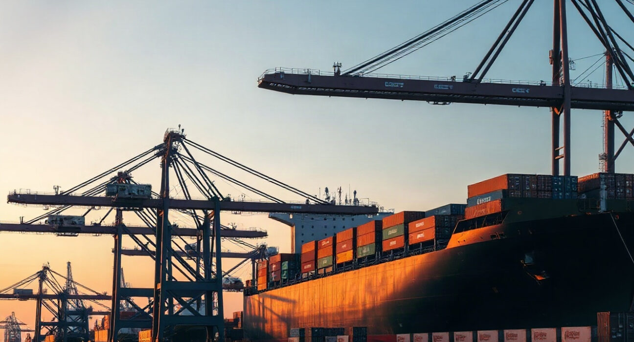 Container port in Central Eastern Europe at dawn, with cranes loading a ship, symbolizing export growth in Q2 2026.