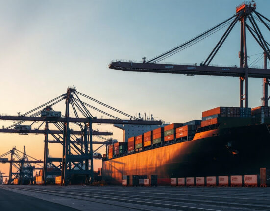 Container port in Central Eastern Europe at dawn, with cranes loading a ship, symbolizing export growth in Q2 2026.