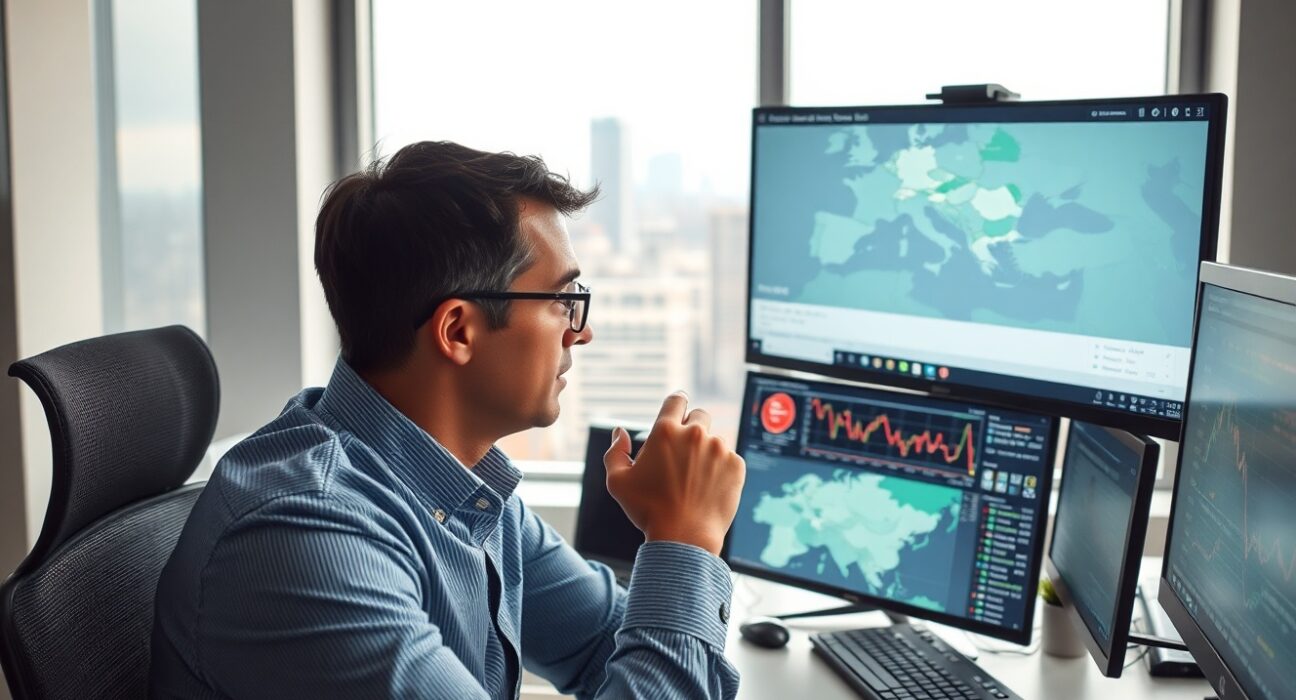 Financial analyst monitoring CEE currency exchange rates and regional maps on multiple screens