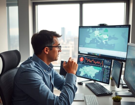 Financial analyst monitoring CEE currency exchange rates and regional maps on multiple screens