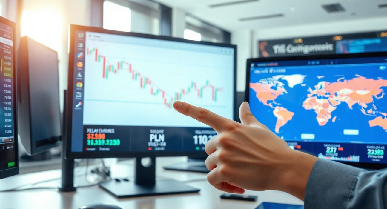 Currency charts on monitors in a trading room, illustrating CEE FX market analysis.
