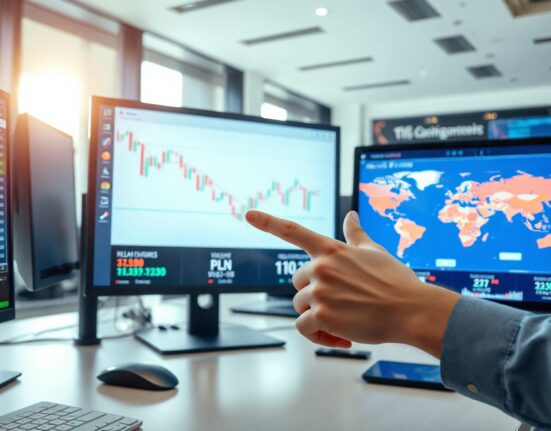 Currency charts on monitors in a trading room, illustrating CEE FX market analysis.