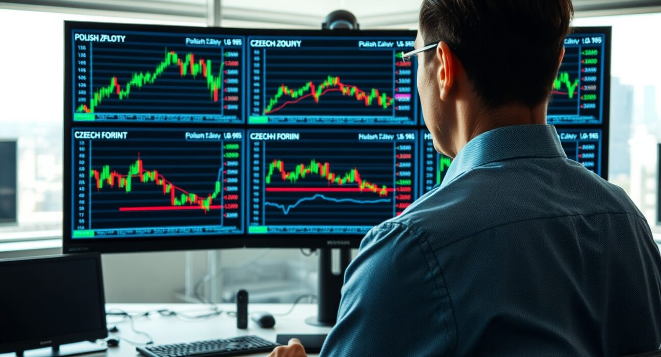 Analyst monitoring CEE currency exchange rate charts on multiple screens