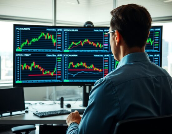 Analyst monitoring CEE currency exchange rate charts on multiple screens