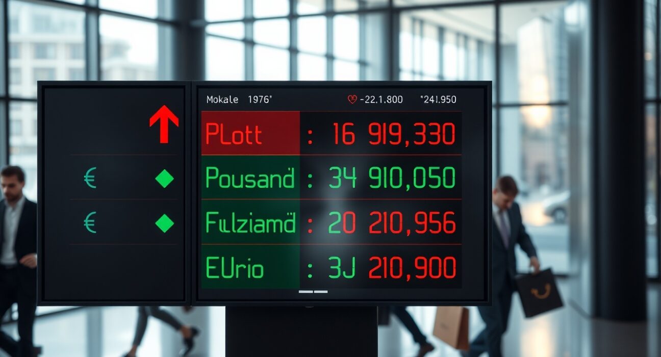 Currency exchange board showing volatile CEE FX rates in a modern financial district lobby