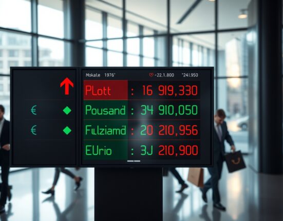 Currency exchange board showing volatile CEE FX rates in a modern financial district lobby