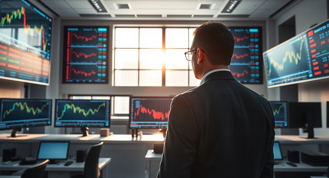 Trader monitoring currency exchange charts on screens in a Central European financial office