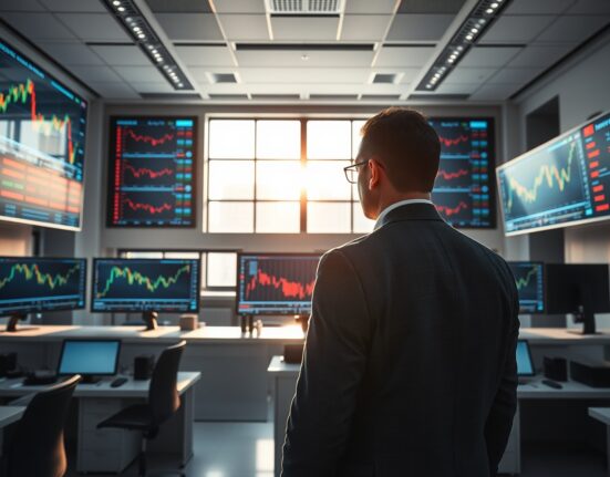 Trader monitoring currency exchange charts on screens in a Central European financial office