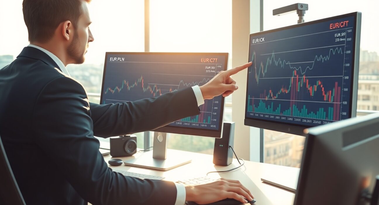 Financial analyst examining Central European currency charts showing resilience against energy market pressures