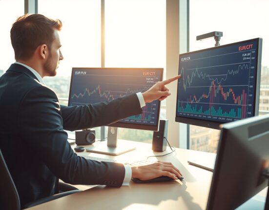 Financial analyst examining Central European currency charts showing resilience against energy market pressures
