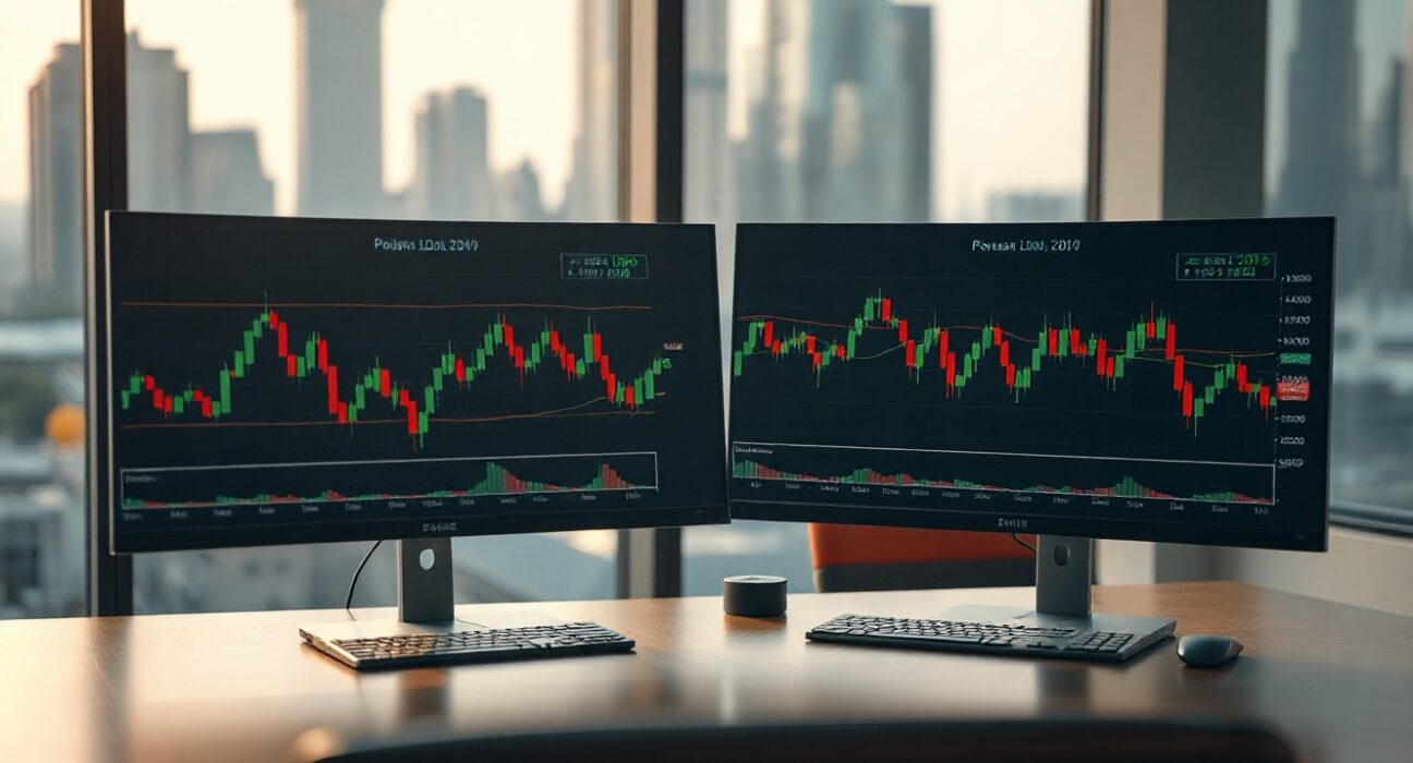Financial monitors displaying Polish zloty forex charts in a modern office setting