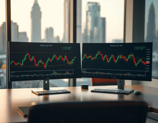 Financial monitors displaying Polish zloty forex charts in a modern office setting