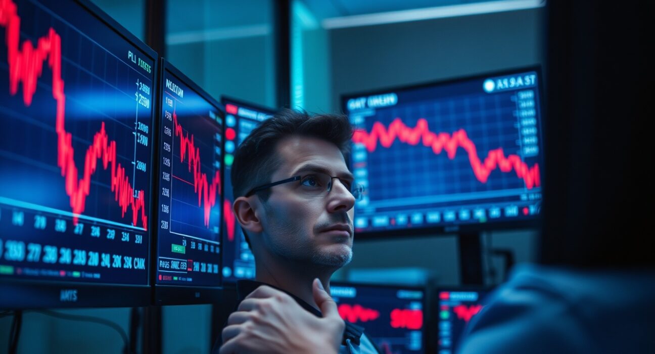 Financial analyst monitoring declining CEE currency exchange rates on multiple screens in a dimly lit office