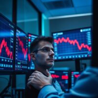 Financial analyst monitoring declining CEE currency exchange rates on multiple screens in a dimly lit office