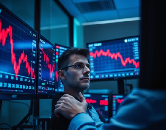 Financial analyst monitoring declining CEE currency exchange rates on multiple screens in a dimly lit office