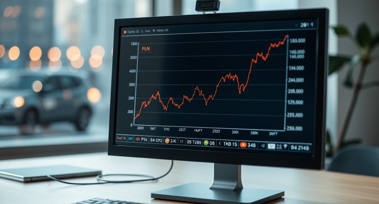 Financial analyst's desk with monitor showing CEE currency exchange rate chart
