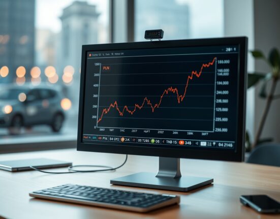 Financial analyst's desk with monitor showing CEE currency exchange rate chart