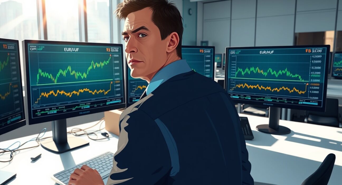 Financial trader analyzing EUR/HUF exchange rate charts amid CEE FX market volatility