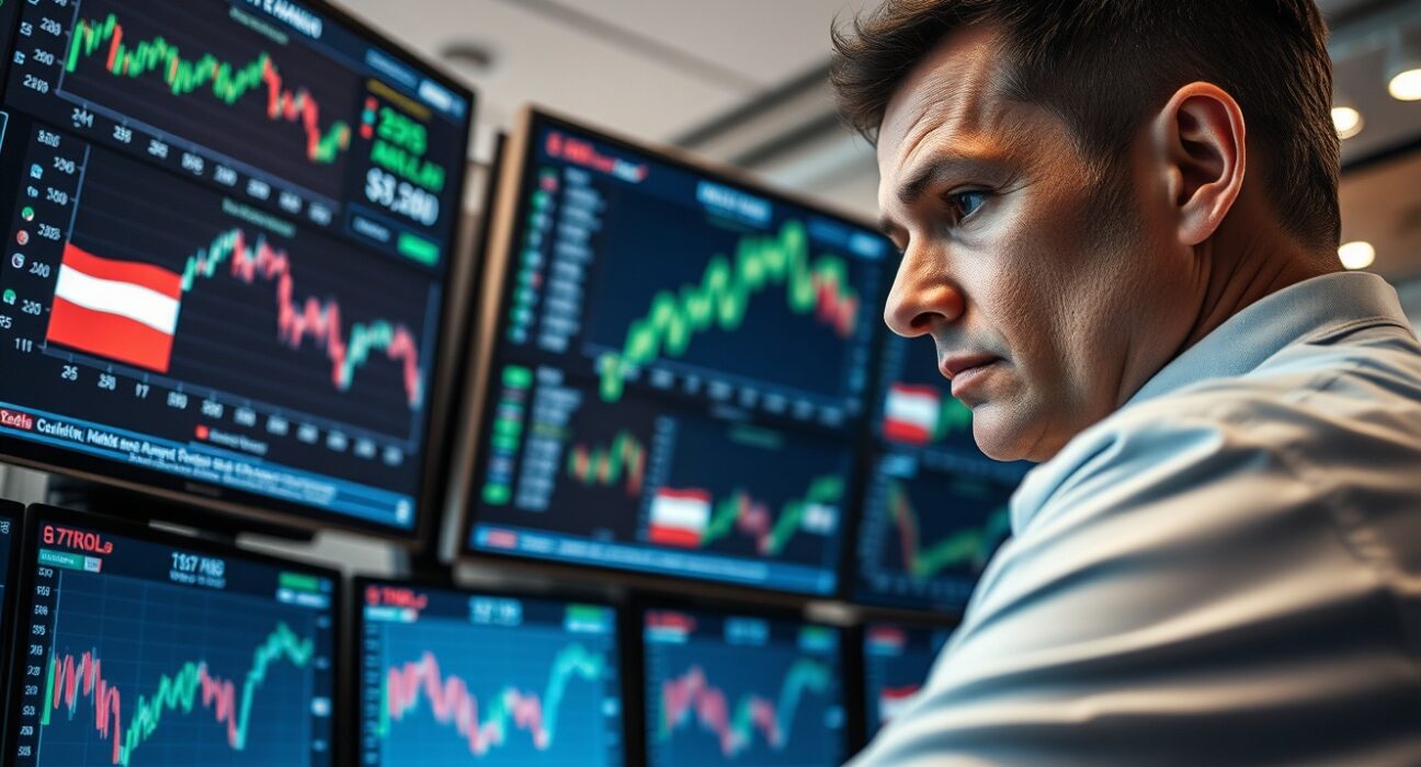 Financial analyst monitoring CEE currency exchange rates against the US dollar on trading screens.