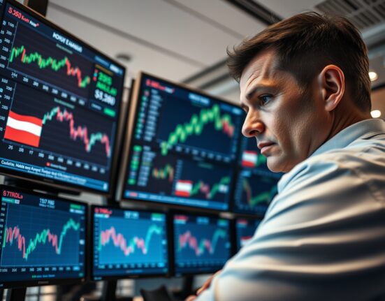 Financial analyst monitoring CEE currency exchange rates against the US dollar on trading screens.