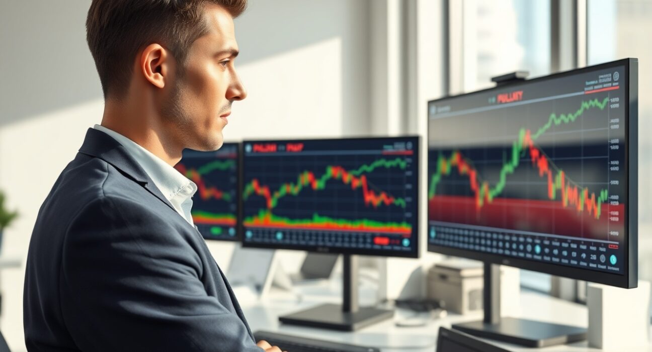 Financial analyst examining Central European currency charts showing fading rate hike expectations amid improved market sentiment.