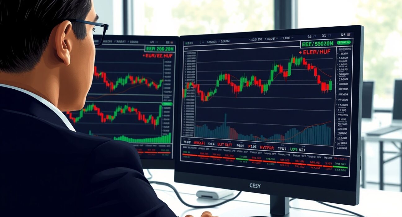 Financial analyst examining CEE currency exchange rate charts in a professional office setting.