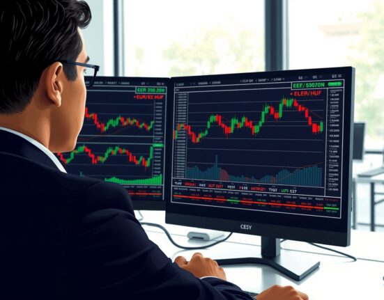 Financial analyst examining CEE currency exchange rate charts in a professional office setting.