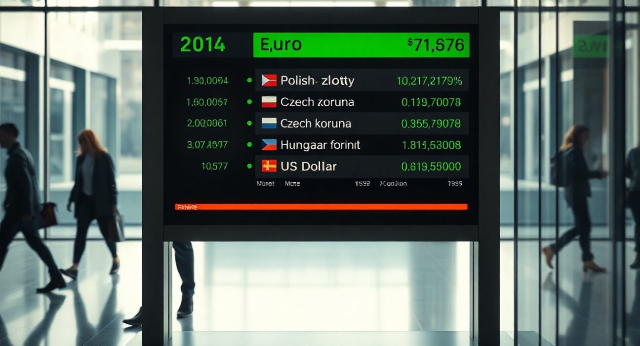 Digital currency exchange board showing CEE FX rates in a modern financial district