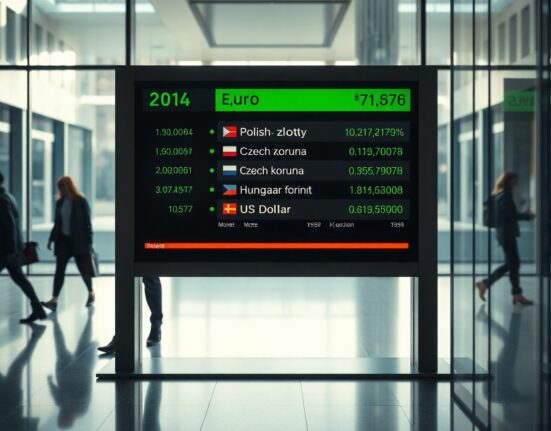 Digital currency exchange board showing CEE FX rates in a modern financial district