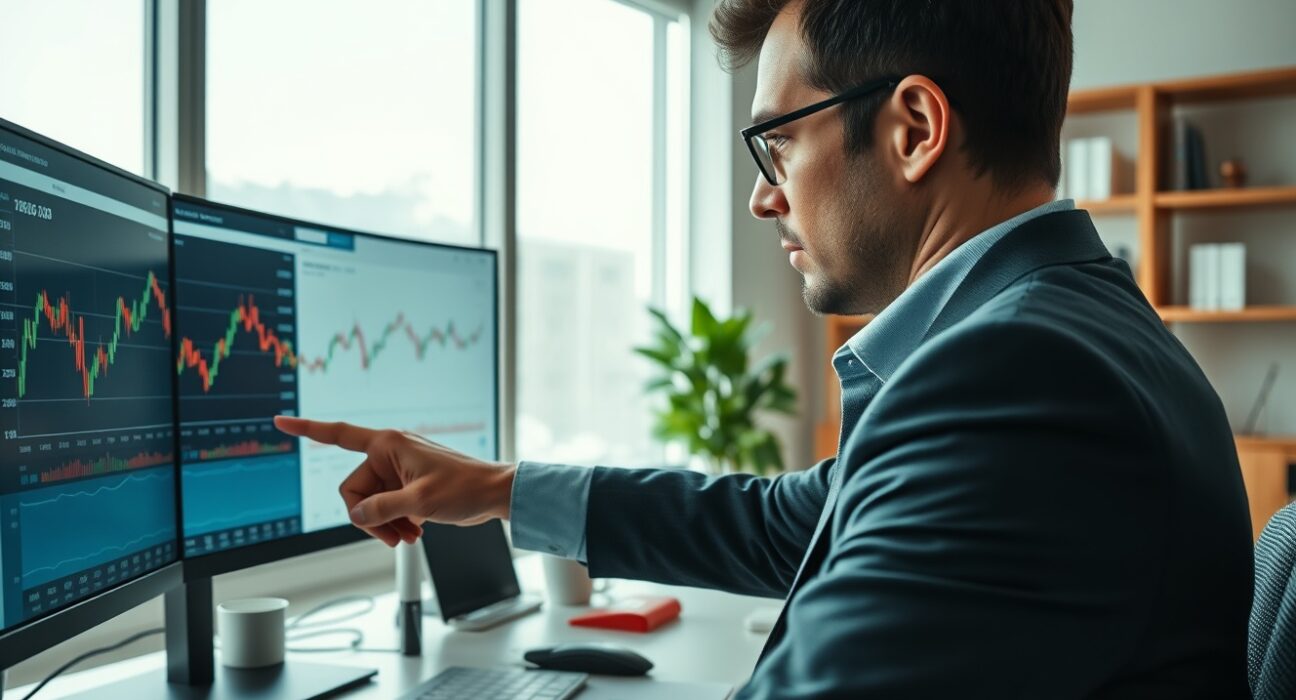 Financial analyst examining Central European currency stability charts in professional office