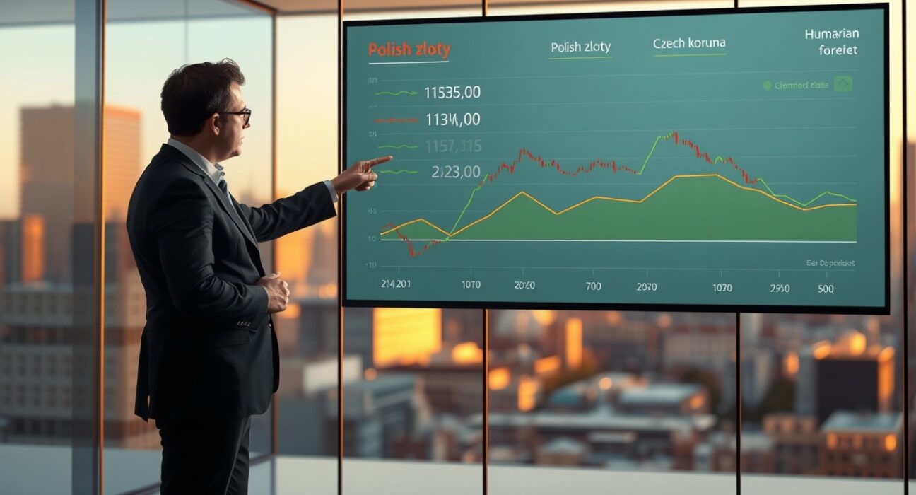 CEE FX stable ranges chart on trading floor display with analyst