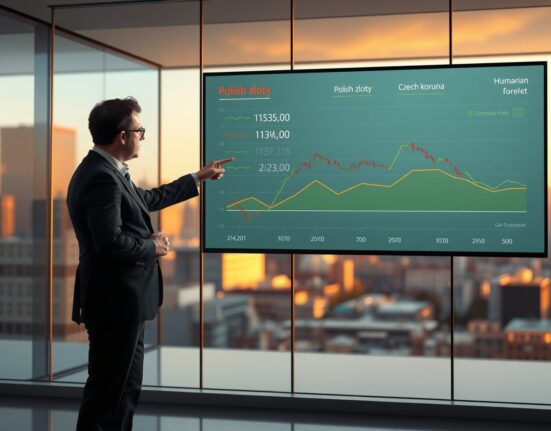CEE FX stable ranges chart on trading floor display with analyst
