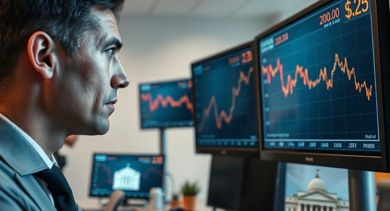 Financial analyst monitoring CEE currency charts with US dollar and Federal Reserve risk indicators