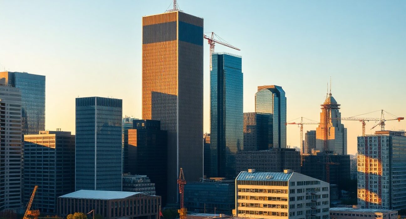 Central and Eastern European city skyline at sunset, symbolizing economic growth divergence.