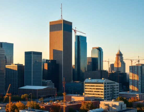Central and Eastern European city skyline at sunset, symbolizing economic growth divergence.
