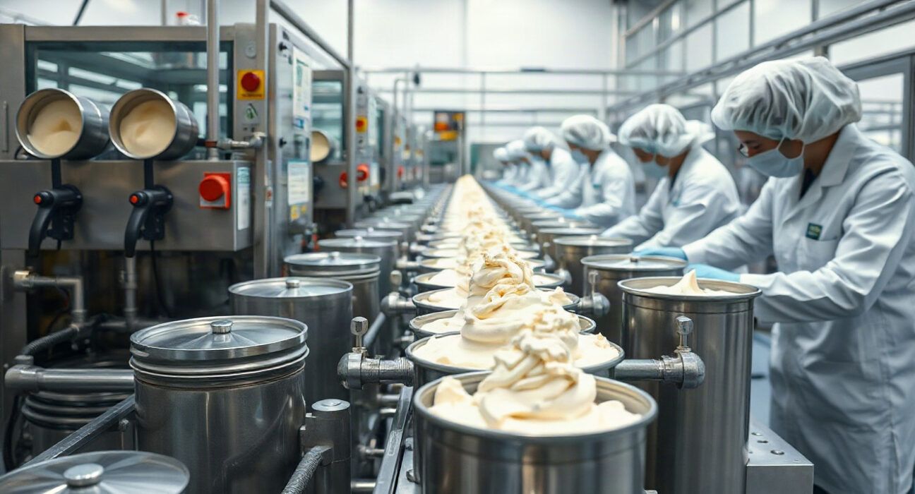 Modern ice cream production line in a Central European factory with stainless steel equipment.