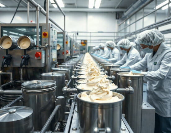 Modern ice cream production line in a Central European factory with stainless steel equipment.