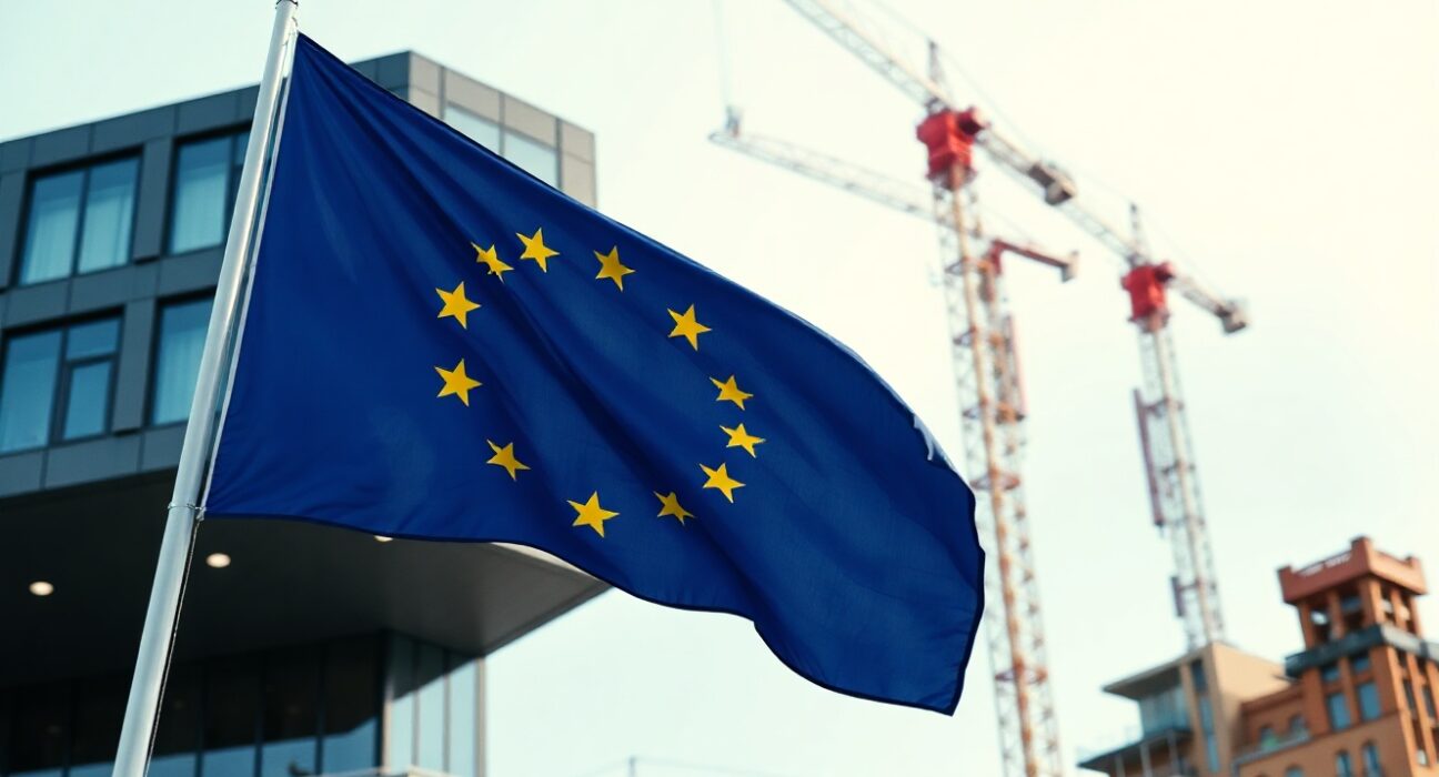 EU flag flying in front of a government building with construction cranes in the background, symbolizing recovery fund projects.
