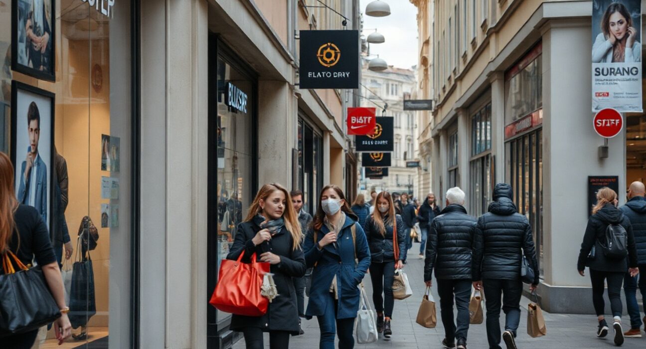 Shoppers on a Central European street with retail stores, illustrating subdued consumer activity in Q2 2026.