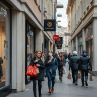Shoppers on a Central European street with retail stores, illustrating subdued consumer activity in Q2 2026.