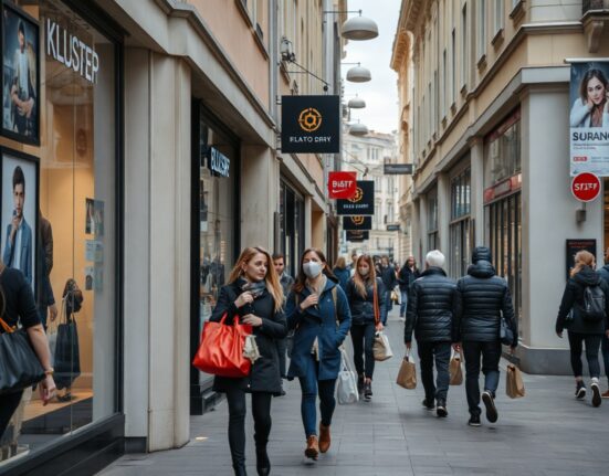 Shoppers on a Central European street with retail stores, illustrating subdued consumer activity in Q2 2026.