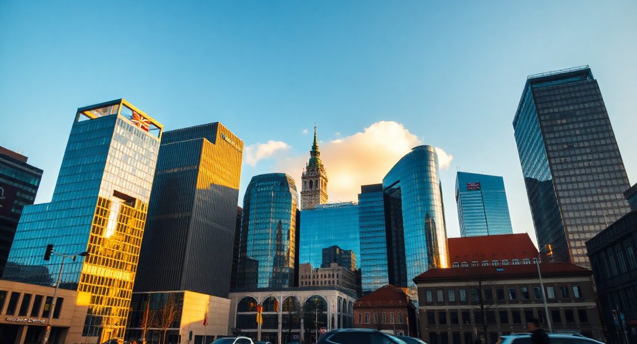 Central European business district skyline at golden hour, symbolizing improving economic sentiment.