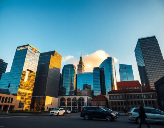 Central European business district skyline at golden hour, symbolizing improving economic sentiment.