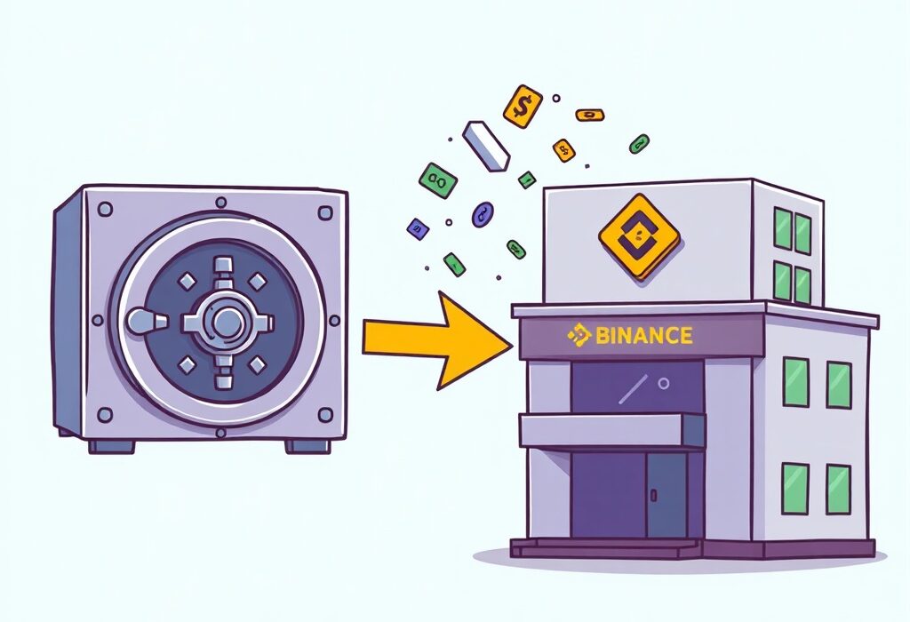 Cartoon illustration showing a crucial Ceffu ETH transfer from a secure vault to a busy crypto exchange.