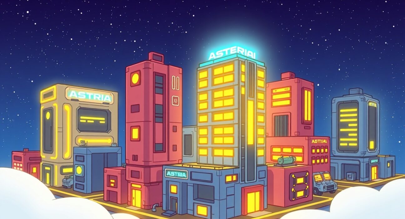 A vibrant cartoon of a Celestia-based shared sequencer network powering down within a modular blockchain cityscape.