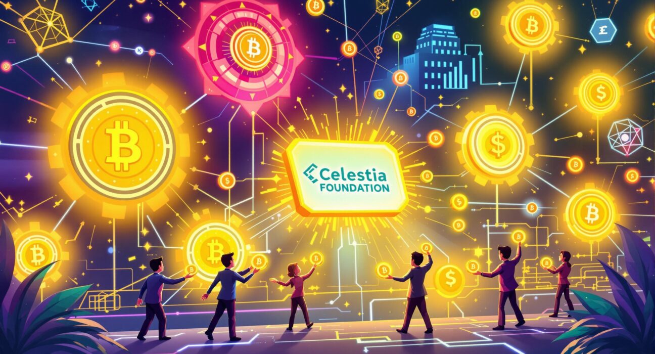 A cartoon illustration symbolizing the strategic reallocation of Celestia TIA tokens to new investors, representing growth and distribution.