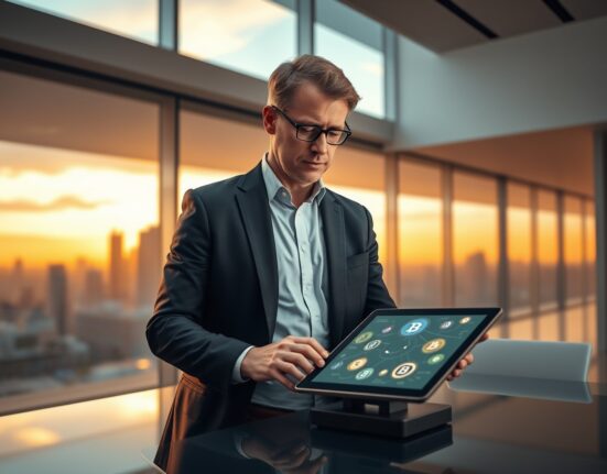 Dr. Markus Franke, newly appointed Global Head of Stablecoins at Celo, reviewing blockchain data in a modern office.