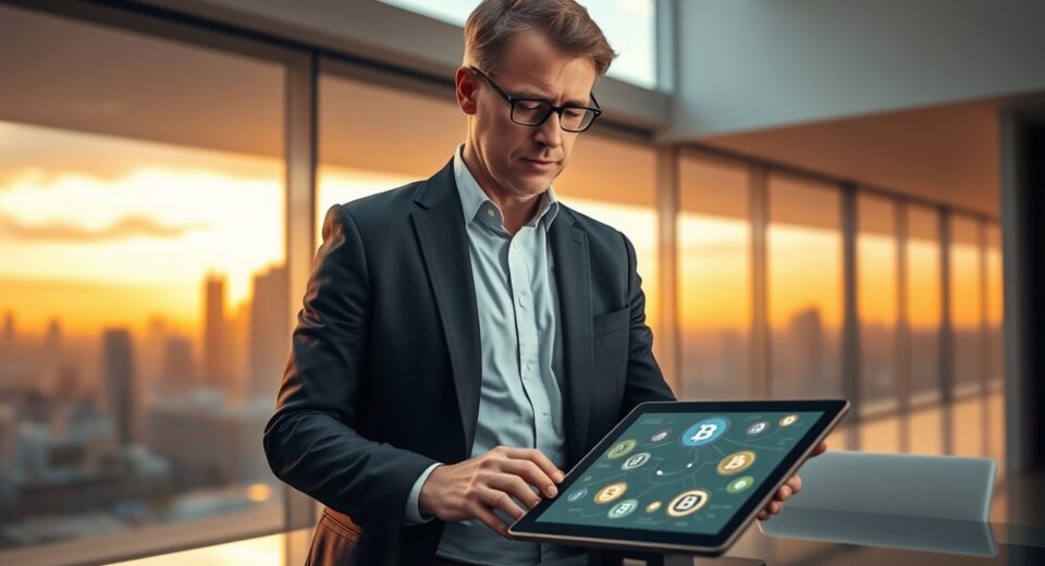Dr. Markus Franke, newly appointed Global Head of Stablecoins at Celo, reviewing blockchain data in a modern office.
